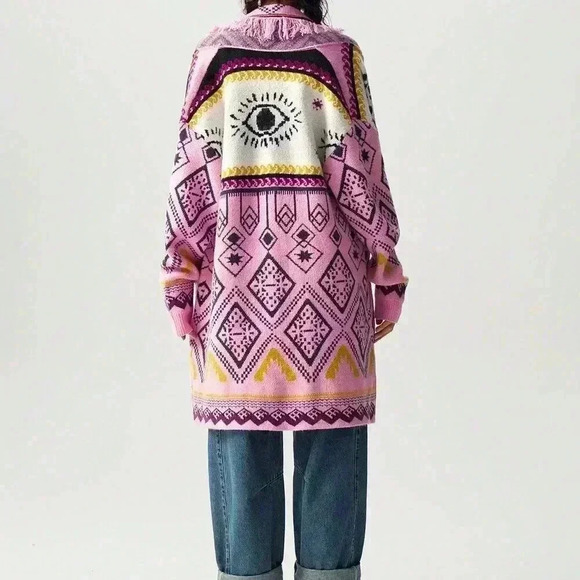 Multicolor Casual Women's Loose Geometric Pattern Fringe Trim Cardigan - Picture 2 of 4